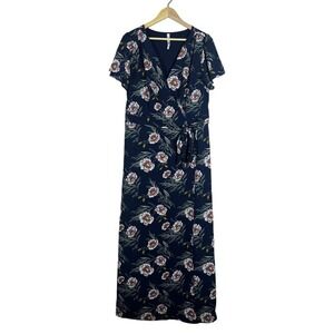 R&B Wrap Floral Maxi Dress Navy Blue Cottagecore Short Sleeve Slit Size 1X
